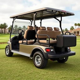 Create an image of a four-wheel car that looks like a golf cart but can accommodate nine people and has space at the back for luggage