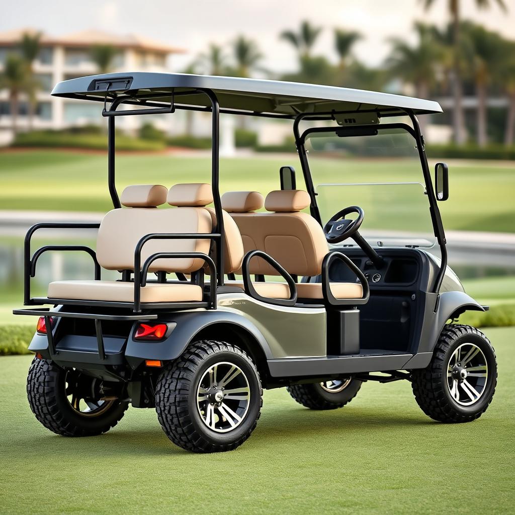 Create an image of a four-wheel car that looks like a golf cart but can accommodate nine people and has space at the back for luggage