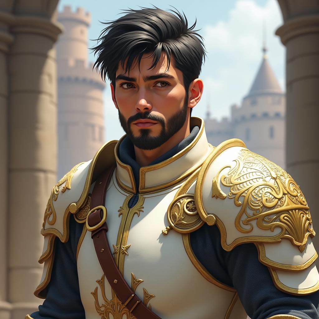 A young Caucasian man with short black hair, a three-day beard, and brown eyes, wearing white and gold medieval armor