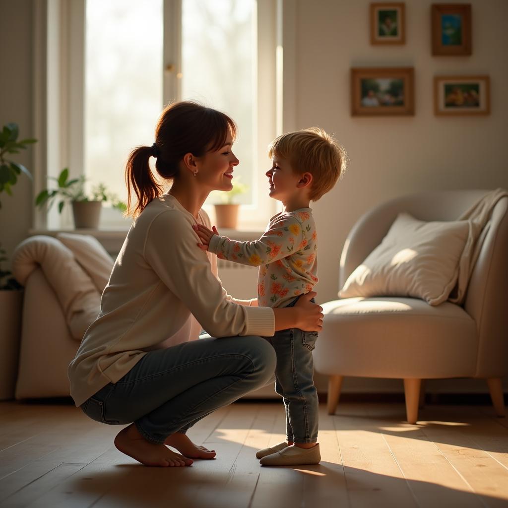 A heartwarming scene of a mother and her young son in a cozy living room, embracing and smiling at each other.