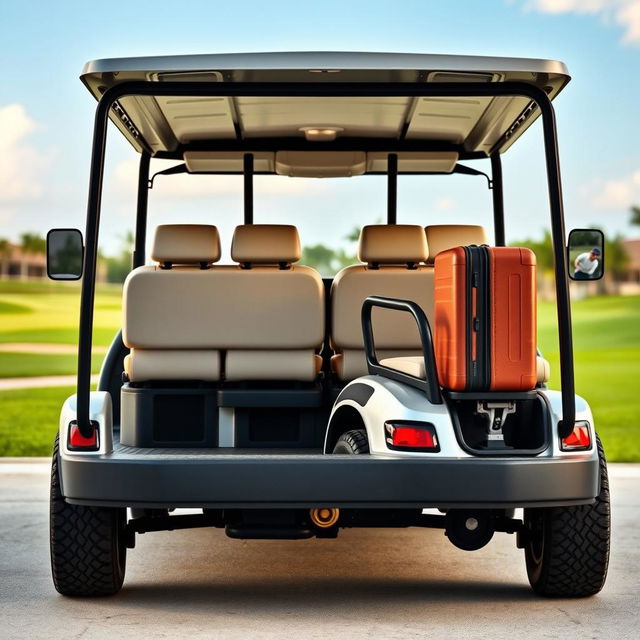 Create an image of a four-wheel car that looks like a golf cart but can accommodate nine people and has space at the back for luggage