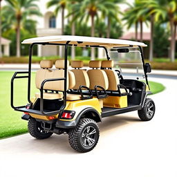 Create an image of a four-wheel car that looks like a golf cart but can accommodate nine people and has space at the back for luggage