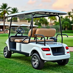 Create an image of a four-wheel car that looks like a golf cart but can accommodate nine people and has space at the back for luggage