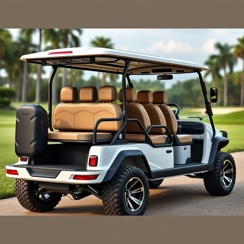 Create an image of a four-wheel car that looks like a golf cart but can accommodate nine people and has a truck boot at the back for luggage