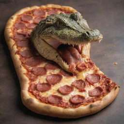 A crocodile caught in the act of munching a delicious pizza, with pepperoni tabs and golden cheese stretching off its large, sharp teeth.