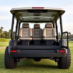 Create an image of a four-wheel car that looks like a golf cart but can accommodate nine people and has a truck boot at the back for luggage