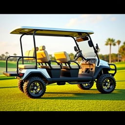 Create an image of a four-wheel car that looks like a golf cart but can accommodate nine people and has a truck boot at the back for luggage