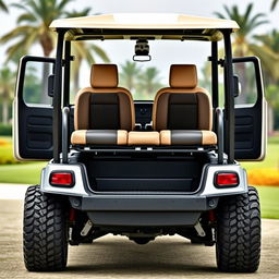 Create an image of a four-wheel car that looks like a golf cart but can accommodate nine people and has a truck boot at the back for luggage