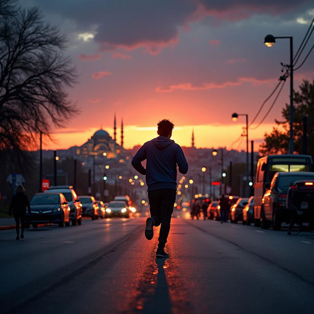 A dramatic image of a figure escaping from Istanbul at twilight, with iconic landmarks in the background and a sense of urgency in the scene