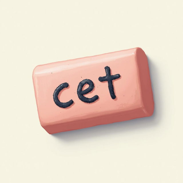 A realistic image of an eraser with the word 'cet' written on it in a handwritten font, set against a simple background.