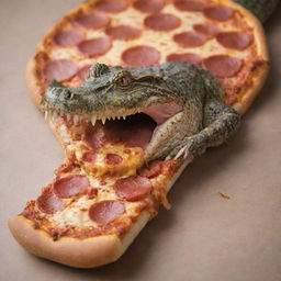 A crocodile caught in the act of munching a delicious pizza, with pepperoni tabs and golden cheese stretching off its large, sharp teeth.