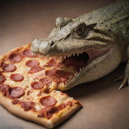 A crocodile caught in the act of munching a delicious pizza, with pepperoni tabs and golden cheese stretching off its large, sharp teeth.