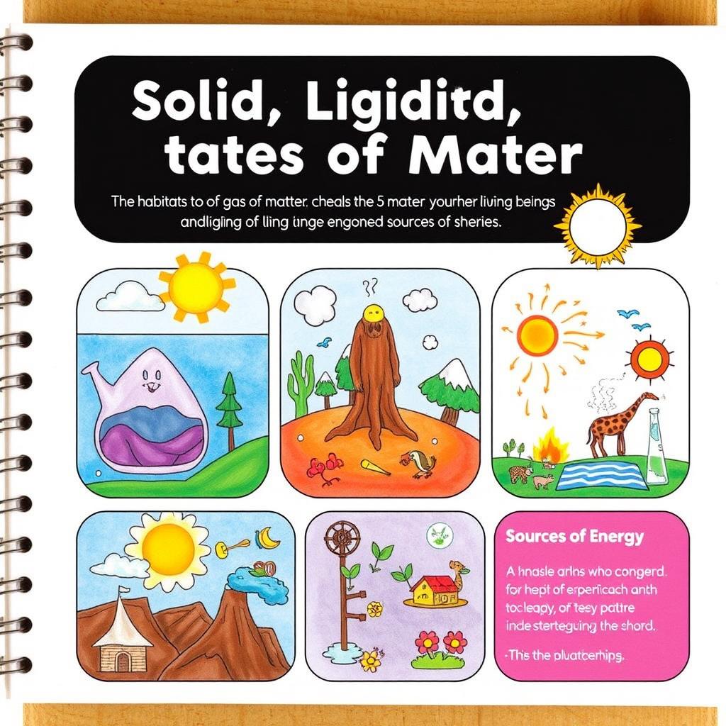 An educational image for a 5th-grade textbook designed for hearing-impaired students about solid, liquid, and gas states of matter, as well as the habitats of living beings and sources of energy