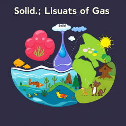 An educational image for a 5th-grade textbook designed for hearing-impaired students about solid, liquid, and gas states of matter, as well as the habitats of living beings and sources of energy