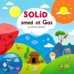 An educational image for a 5th-grade textbook designed for hearing-impaired students about solid, liquid, and gas states of matter, as well as the habitats of living beings and sources of energy