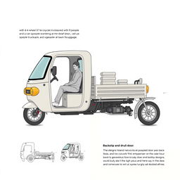 A detailed illustration of a unique 4-wheel tricycle truck designed with a dwarf door