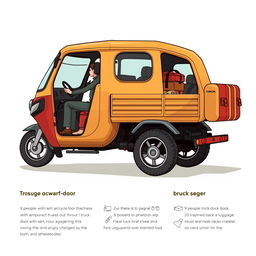 A detailed illustration of a unique 4-wheel tricycle truck designed with a dwarf door