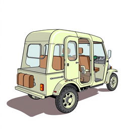 A detailed illustration of a unique 4-wheel tricycle truck designed with a dwarf door