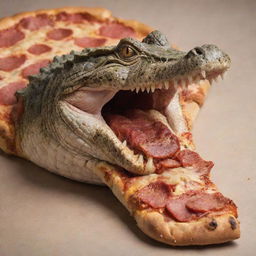 A crocodile caught in the act of munching a delicious pizza, with pepperoni tabs and golden cheese stretching off its large, sharp teeth.