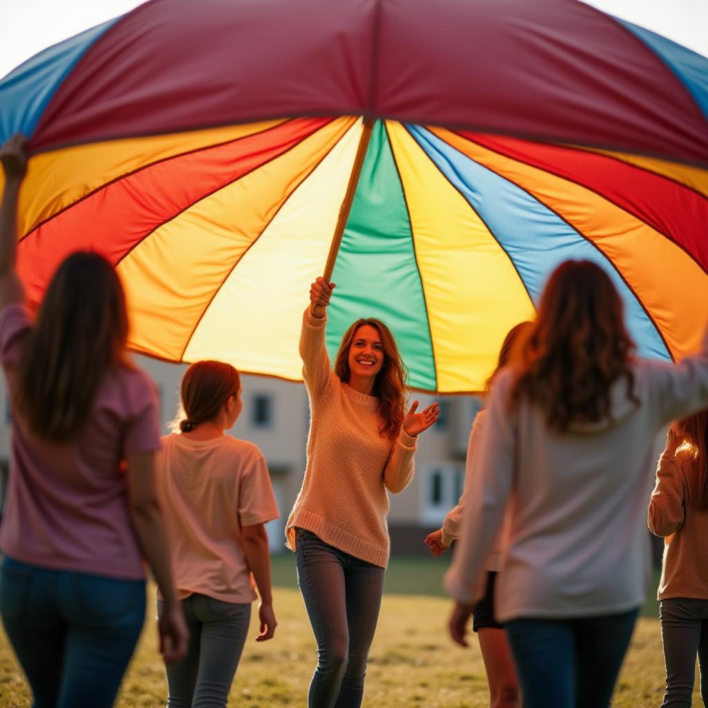 A lively birthday celebration with a parachute shaped like a mushroom