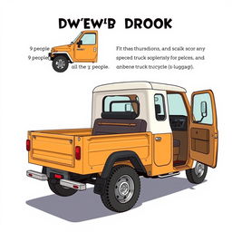 A detailed illustration of a unique 4-wheel truck designed with a dwarf door