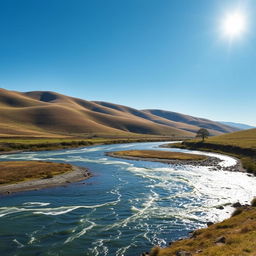 An image of a serene landscape with rolling hills, a flowing river, and a clear blue sky