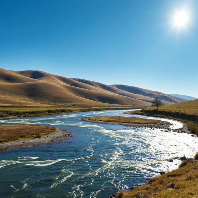 An image of a serene landscape with rolling hills, a flowing river, and a clear blue sky