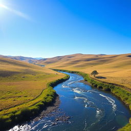 An image of a serene landscape with rolling hills, a flowing river, and a clear blue sky