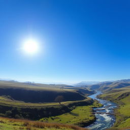 An image of a serene landscape with rolling hills, a flowing river, and a clear blue sky