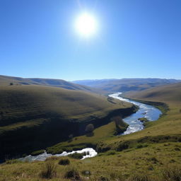 An image of a serene landscape with rolling hills, a flowing river, and a clear blue sky