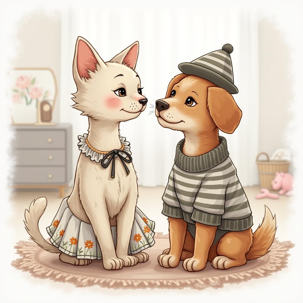 A whimsical drawing of a cat in a floral dress and a dog in a striped sweater and tiny hat, set in a cozy living room.