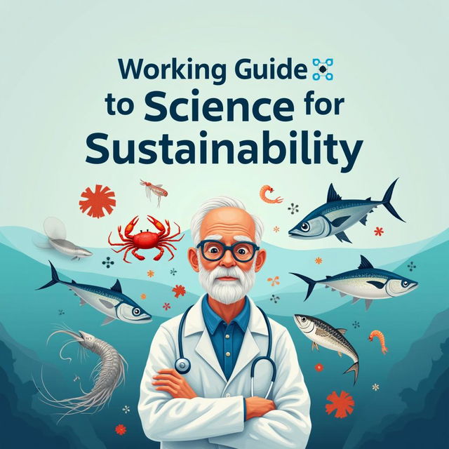 Create a cover page with a light oceanic background featuring an old scientist in a professional outfit surrounded by marine organisms like squid, crab, shrimp, sardines, and tuna