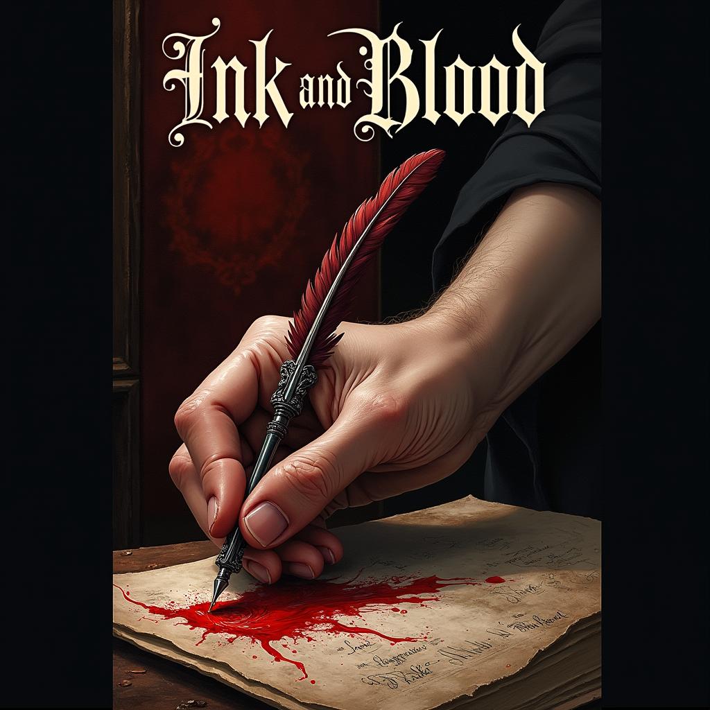 Create a dramatic book cover featuring a right hand writing with a quill pen dripping ink and blood, set against a dark background with ghostly manuscripts