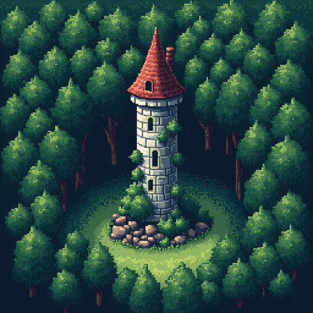 Create a 32x32 pixel art image of a medieval or fantasy-style tower in a dense forest, surrounded by various types of trees and small details like vines and rocks