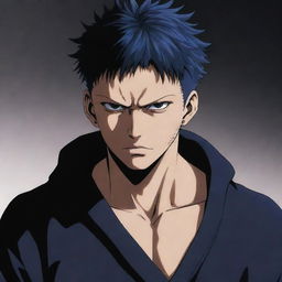 Sukuna from Jujutsu Kaisen in his human form, depicted in detailed anime style, projecting his strong menacing aura yet aesthetically pleasing look