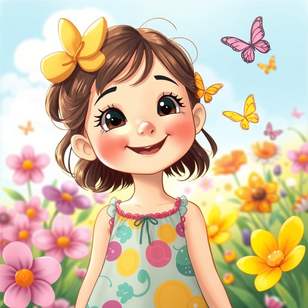 A detailed illustration of a young girl with a happy expression, wearing a colorful dress