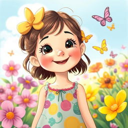 A detailed illustration of a young girl with a happy expression, wearing a colorful dress