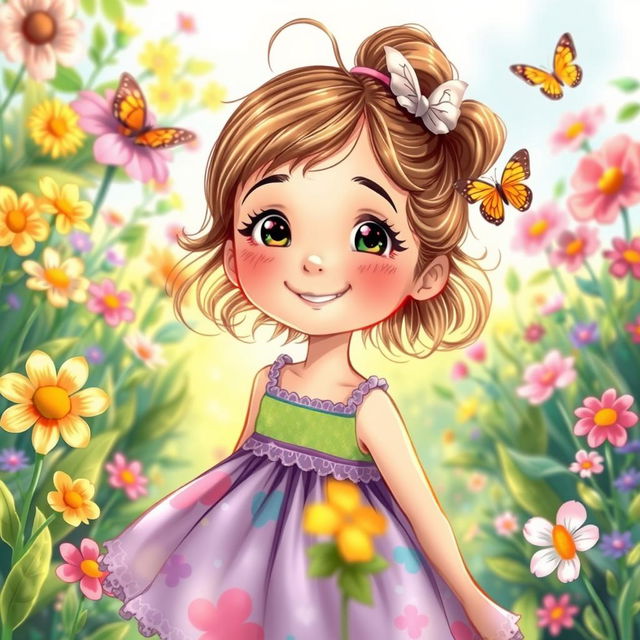 A detailed illustration of a young girl with a happy expression, wearing a colorful dress