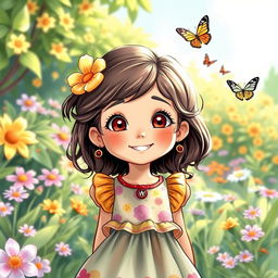 A detailed illustration of a young girl with a happy expression, wearing a colorful dress