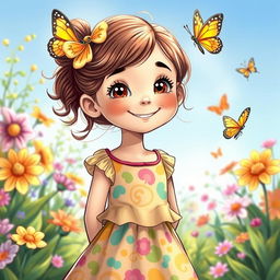 A detailed illustration of a young girl with a happy expression, wearing a colorful dress