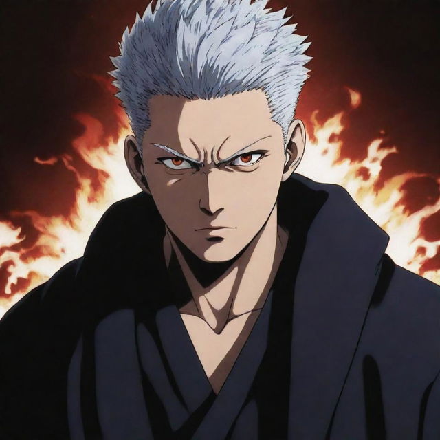 Sukuna from Jujutsu Kaisen in his human form, depicted in detailed anime style, projecting his strong menacing aura yet aesthetically pleasing look