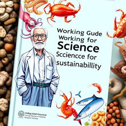 Create a B5-sized cover page with a light oceanic background featuring an old fisheries scientist in a professional outfit