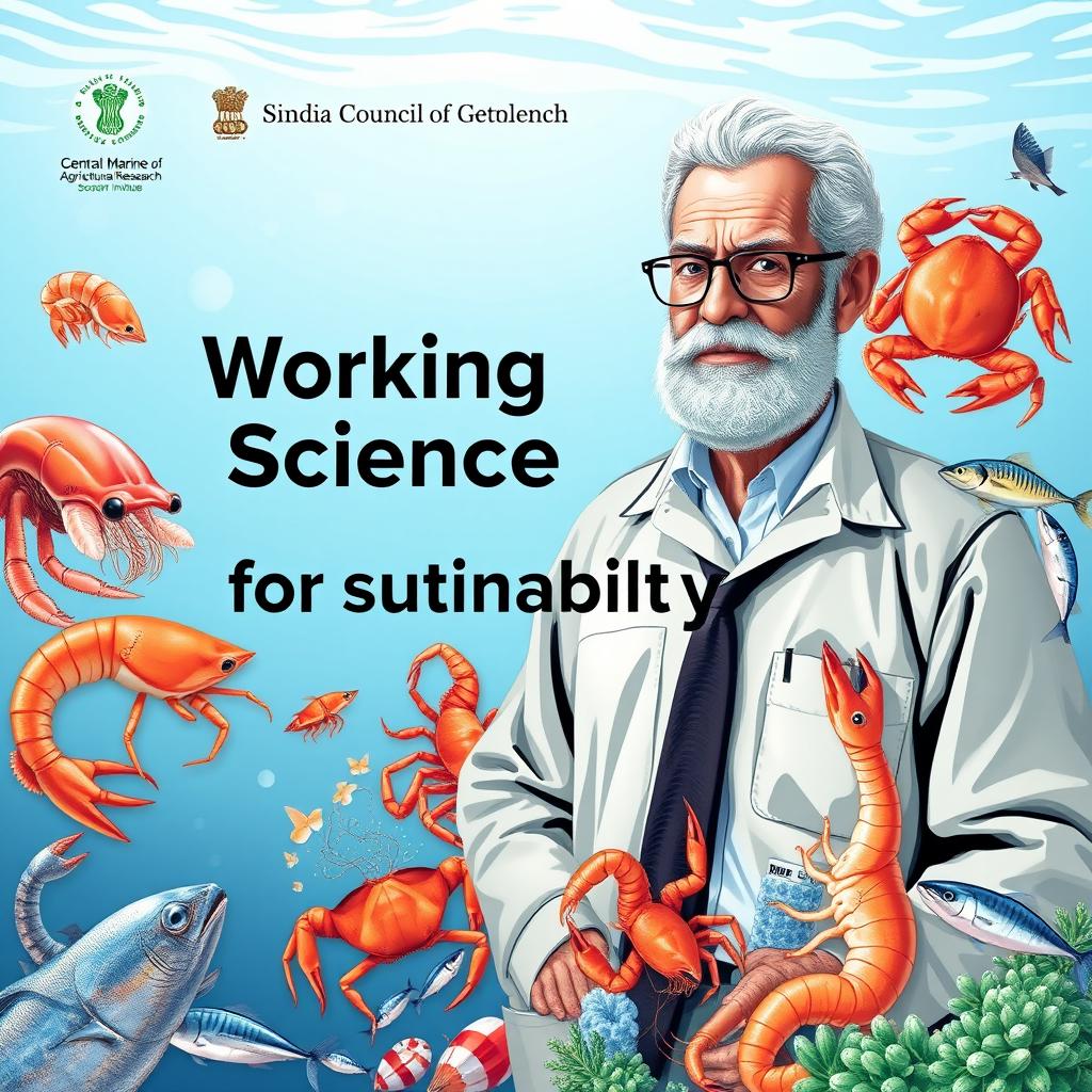 Create a B5-sized cover page with a light oceanic background featuring an old fisheries scientist in a professional outfit