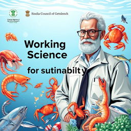 Create a B5-sized cover page with a light oceanic background featuring an old fisheries scientist in a professional outfit