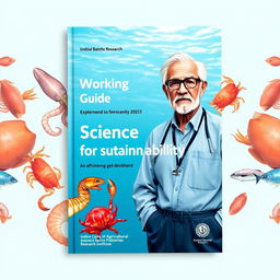 Create a B5-sized cover page with a light oceanic background featuring an old fisheries scientist in a professional outfit