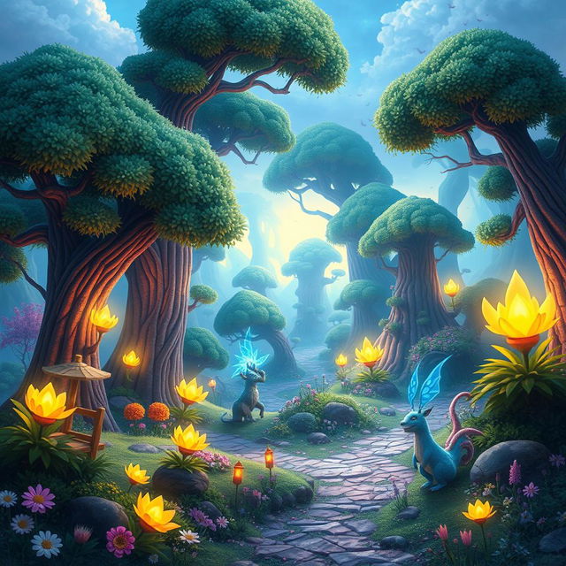 Create a vibrant and imaginative fantasy landscape featuring a magical forest with towering trees, glowing flowers, and mystical creatures