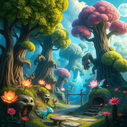 Create a vibrant and imaginative fantasy landscape featuring a magical forest with towering trees, glowing flowers, and mystical creatures