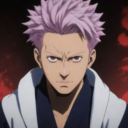 Sukuna from Jujutsu Kaisen in his human form, depicted in detailed anime style, projecting his strong menacing aura yet aesthetically pleasing look