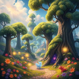 Create a vibrant and imaginative fantasy landscape featuring a magical forest with towering trees, glowing flowers, and mystical creatures