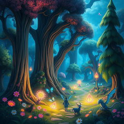 Create a vibrant and imaginative fantasy landscape featuring a magical forest with towering trees, glowing flowers, and mystical creatures